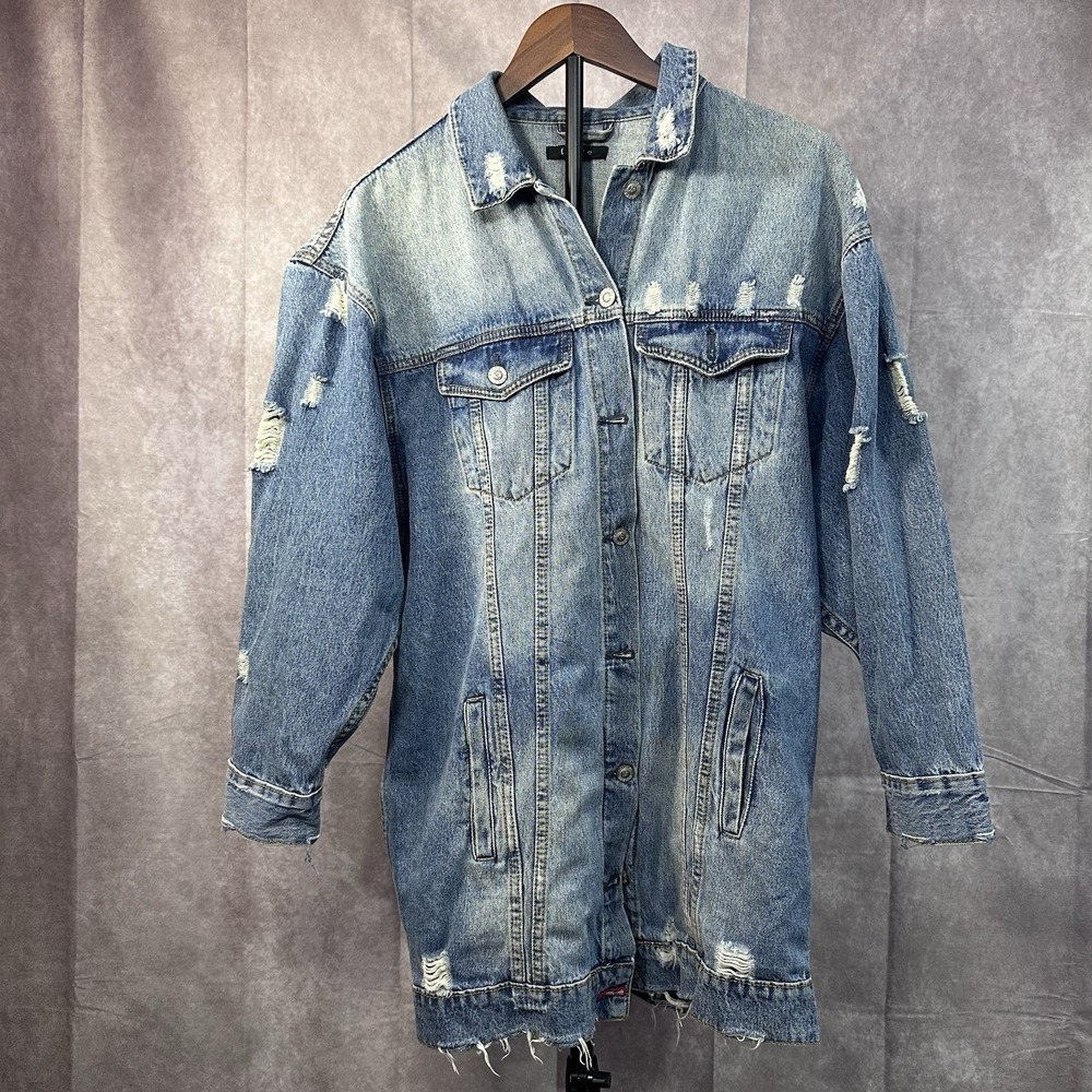 Fiore Jeans Women's Distressed Denim Jacket Longline Blue Jean Shacket Button Up